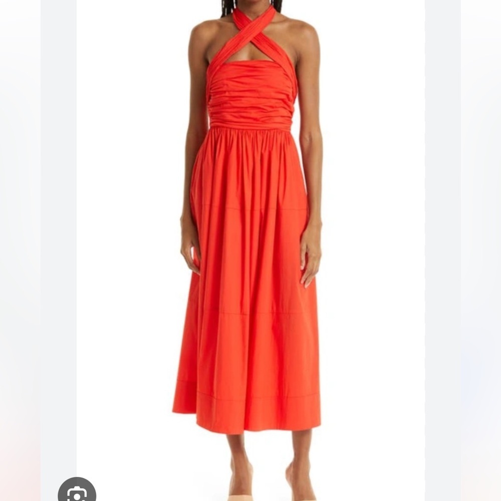 Cinq A Sept Red Cross-Neck Midi Dress